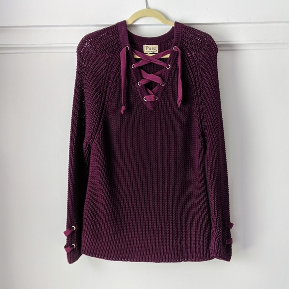 Pure Hand Knit Chunky Lace Up Oversized Sweater - Picture 1 of 7